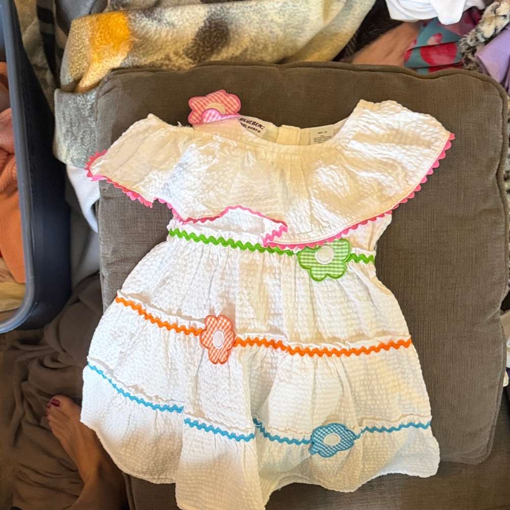 Blueberi Boulevard White Dress with Pink, Green, Orange, and Blue Trim